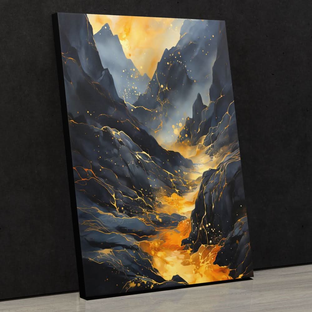 Gold Lava Eruption - Abstract Black Canvas Wall Art