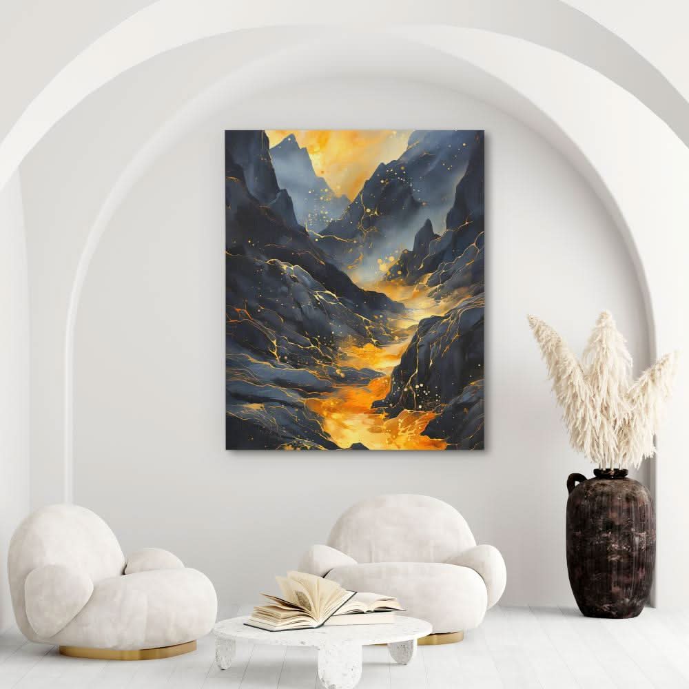 Gold Lava Eruption - Abstract Wall Art in Black Frame