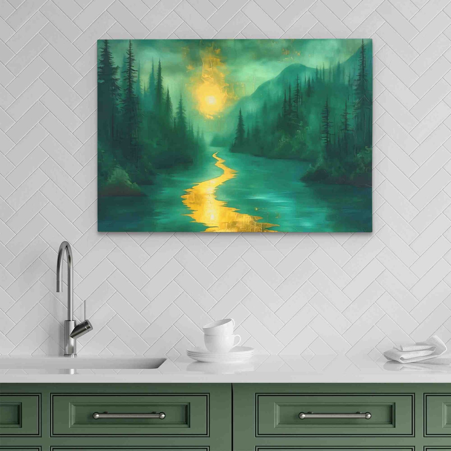 Gold Moonlit River - Watercolor Gold Canvas Wall Art