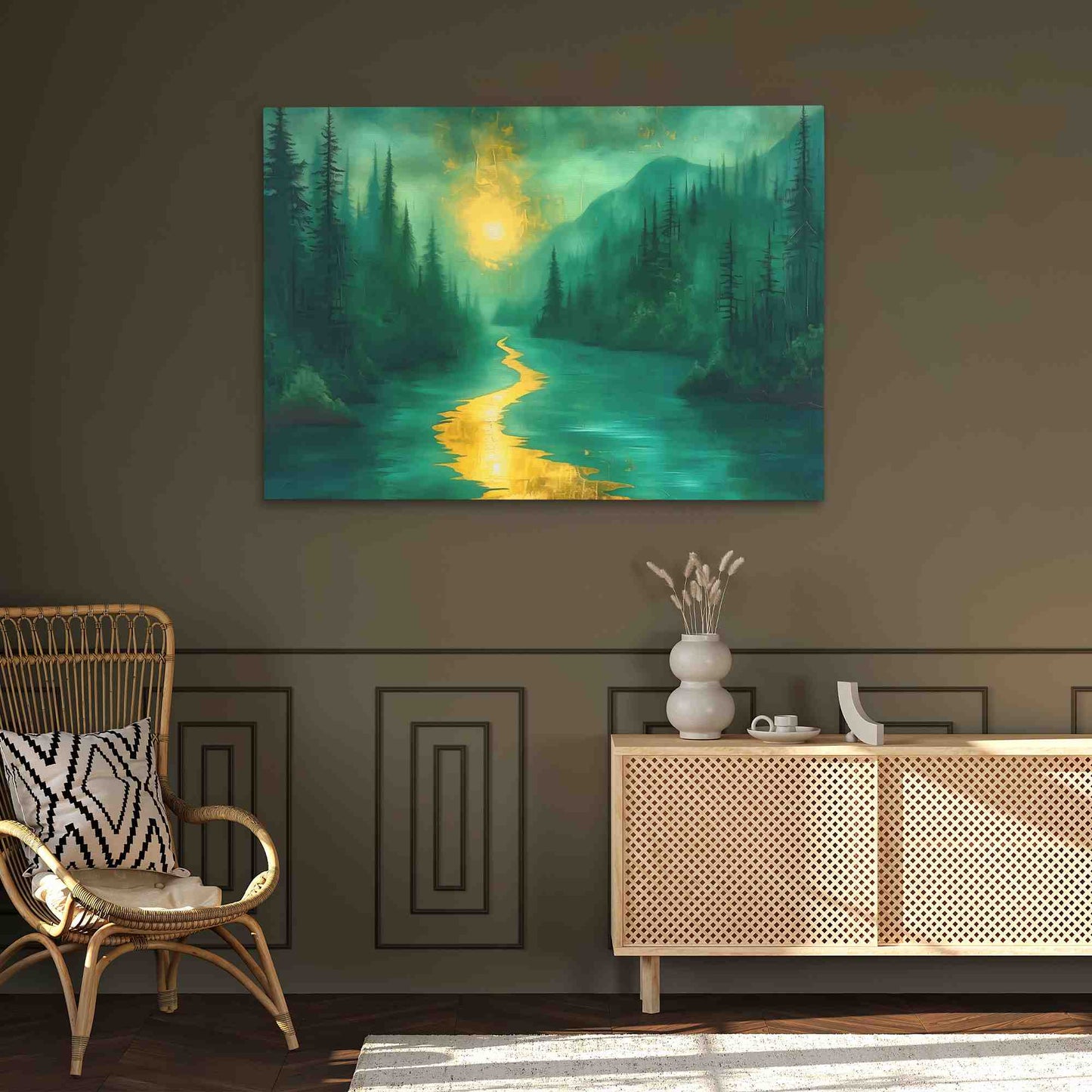 Gold Moonlit River - Watercolor Wall Art in Black Frame