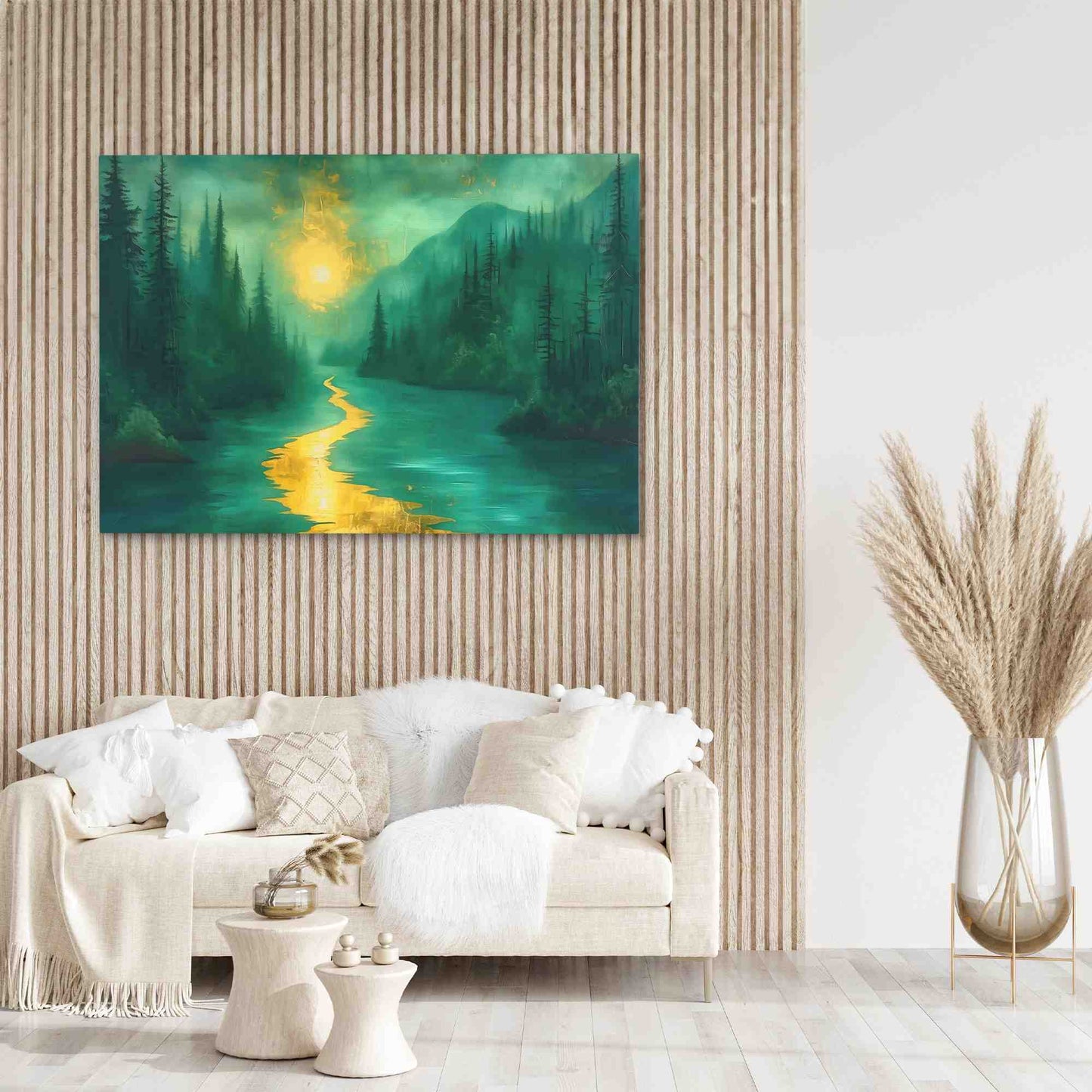 Gold Moonlit River - Horizontal Wall Art in Black Frame