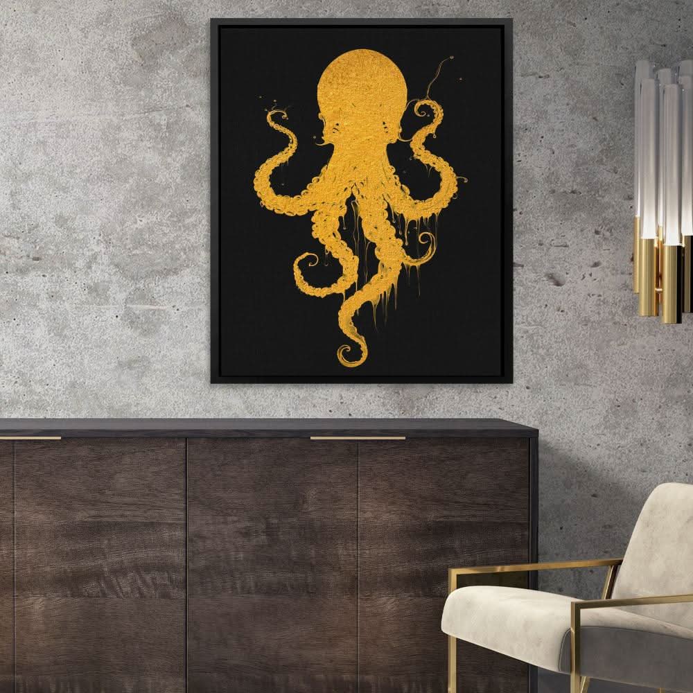Gold Octopus Dance - Horizontal Art for Bathroom