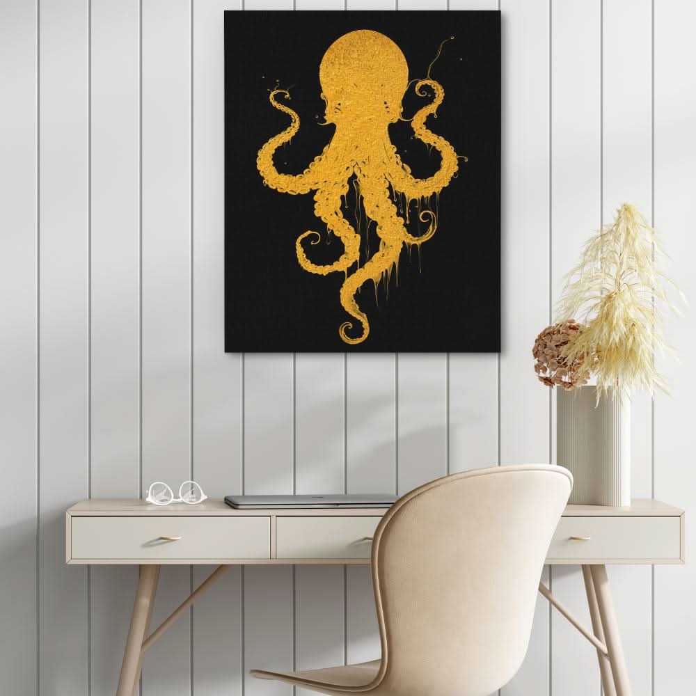 Gold Octopus Dance - Minimalist Wall Art in Black Frame