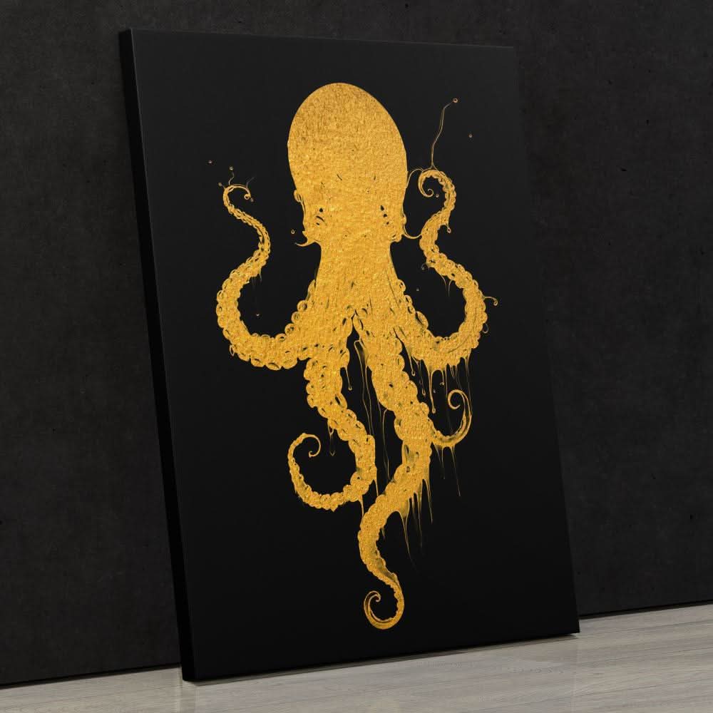 Gold Octopus Dance - Oceanic Wall Art in Black Frame