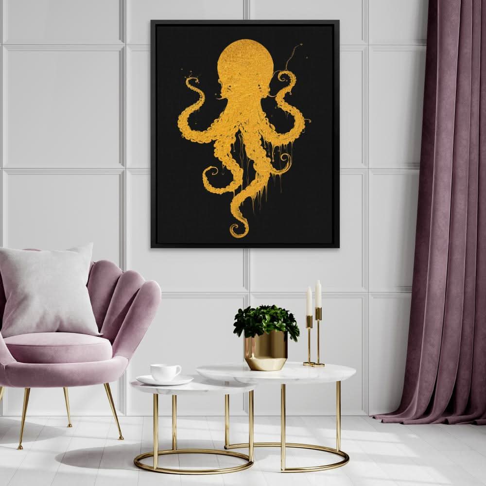 Gold Octopus Dance - Black and Gold Wall Art for Bathroom