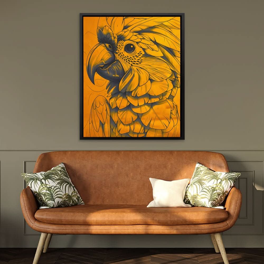 Gold Parrot - Bird Wall Art in Black Frame