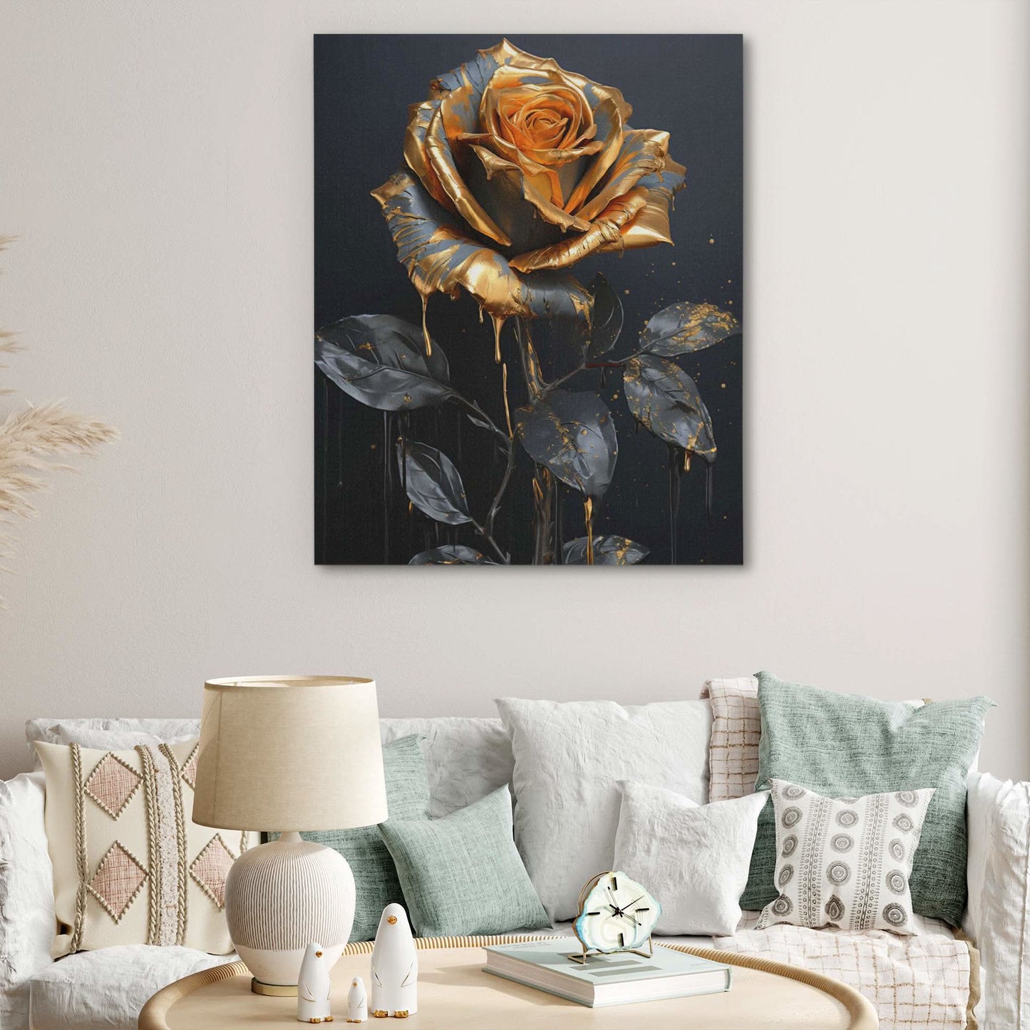 Gold Rose Budding - Rose Wall Art in Black Frame