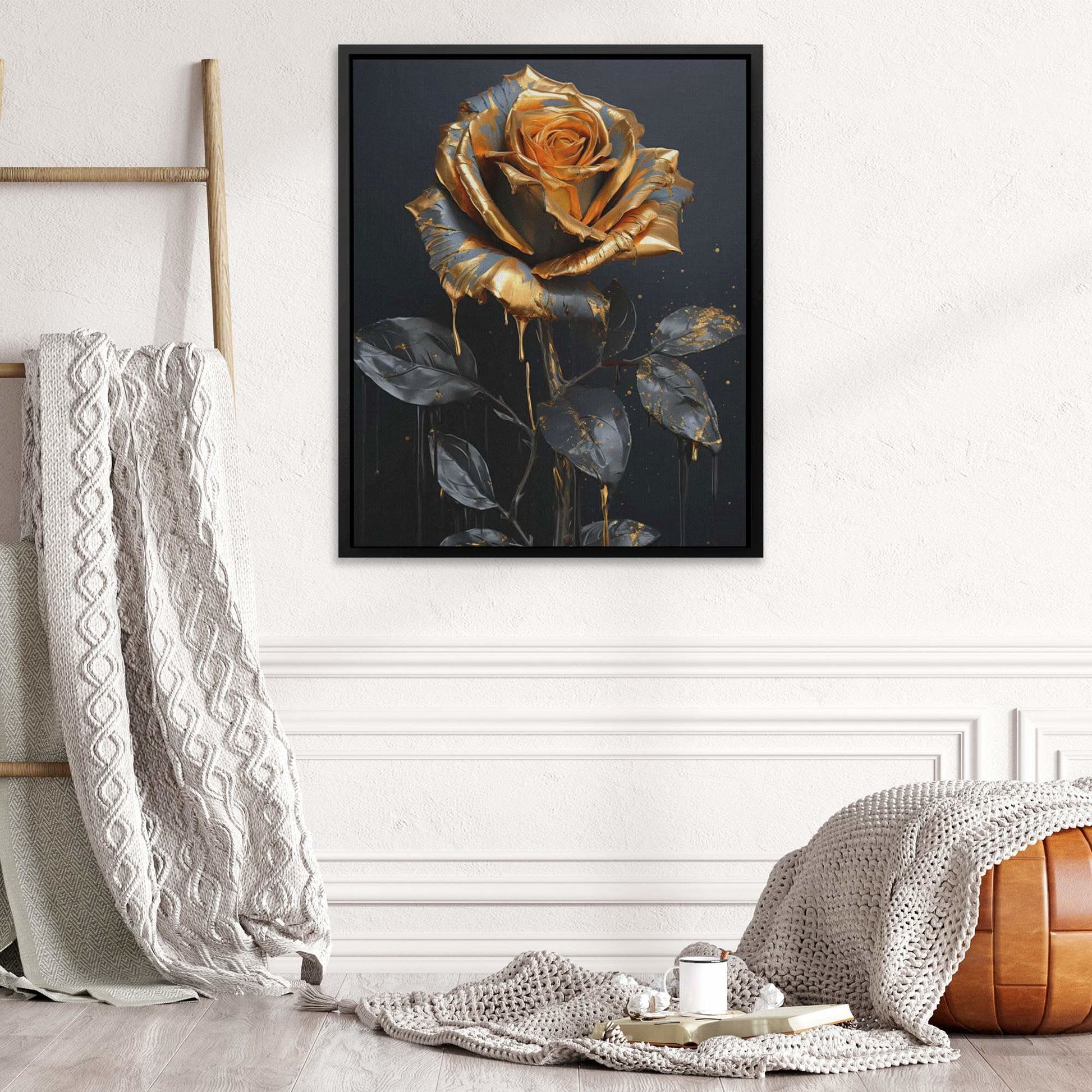Gold Rose Budding - Wall Art in Black Frame