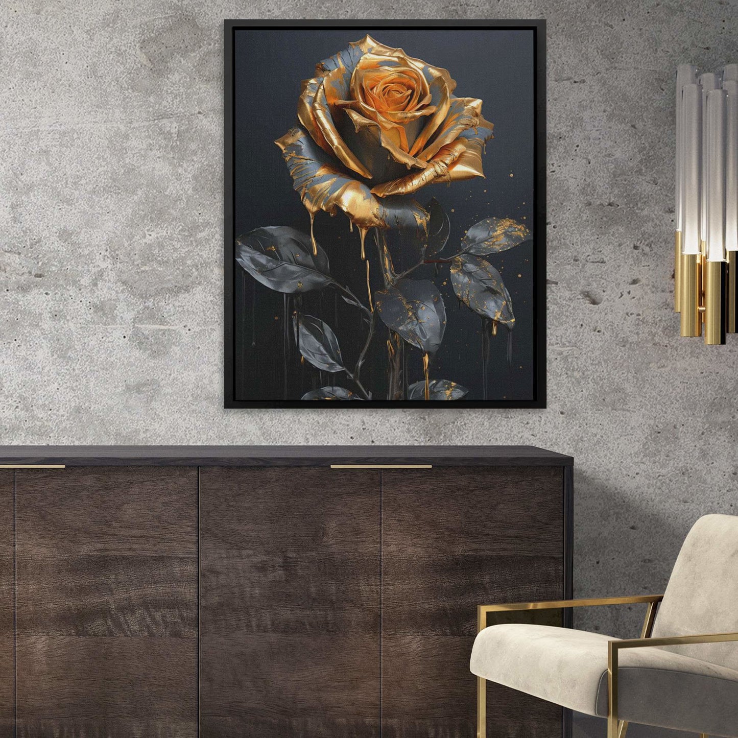 Gold Rose Budding - Black and Gold Wall Art for Bathroom