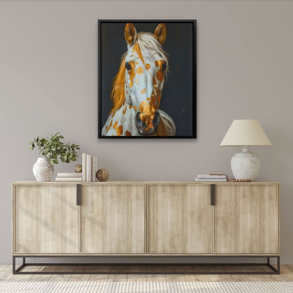 Gold Spotted Horse - Wall Art in Black Frame