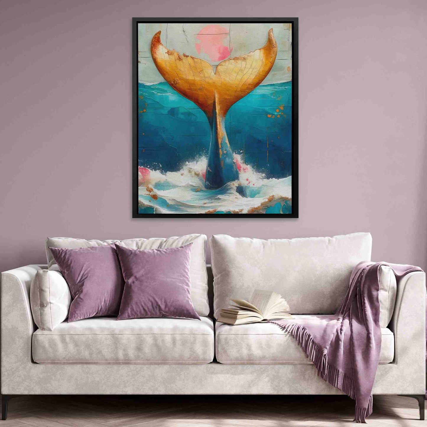 Gold Whale Tail - Oceanic Wall Art in Black Frame