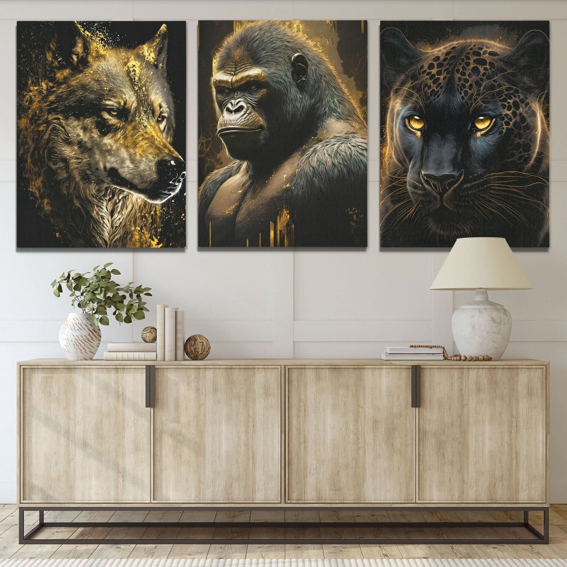 Golden Apex Predators (2) Set - V1 - Jungle Wall Art in Black Frame
