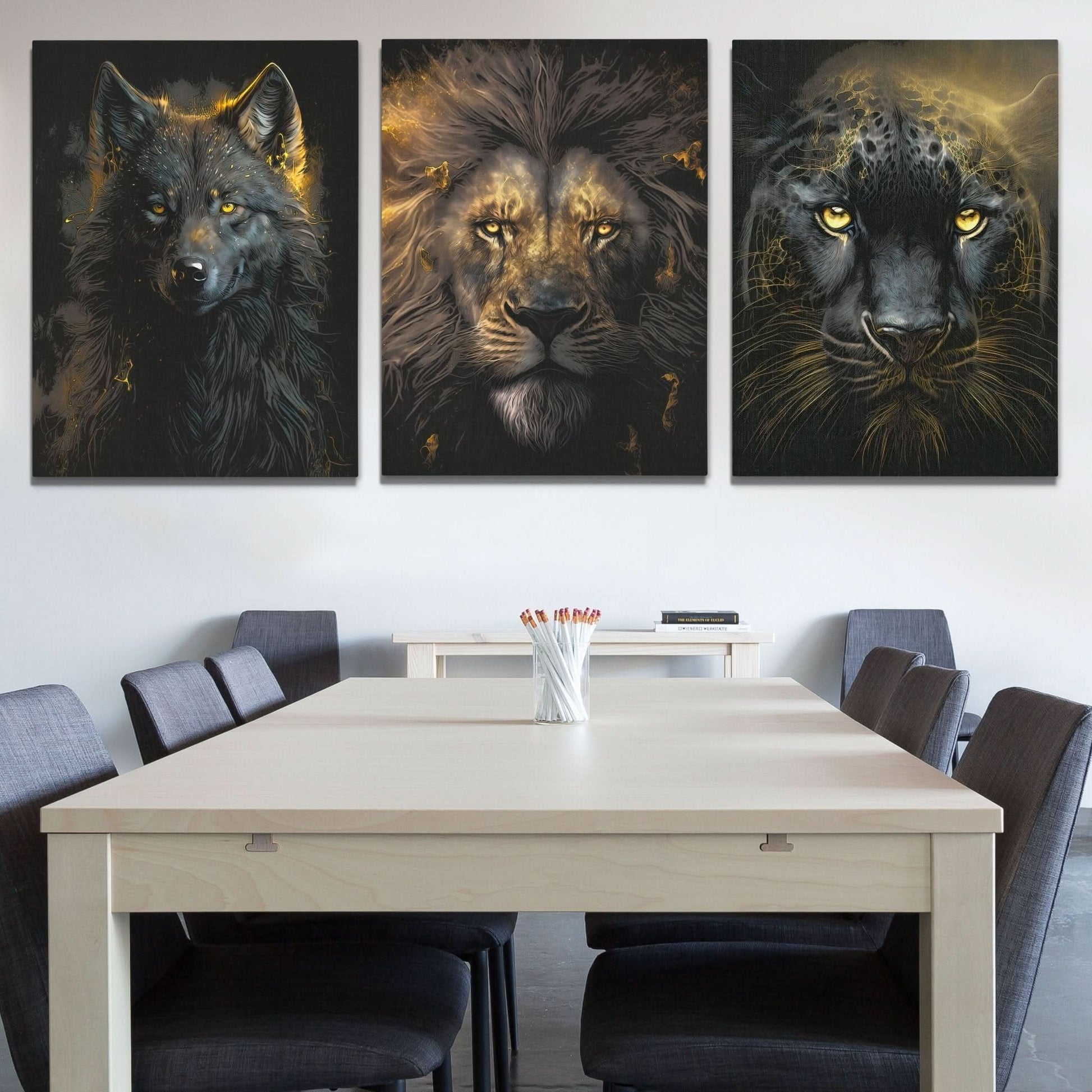 Golden Apex Predators (2) Set - V2 - Big Cat Wall Art in Black Frame