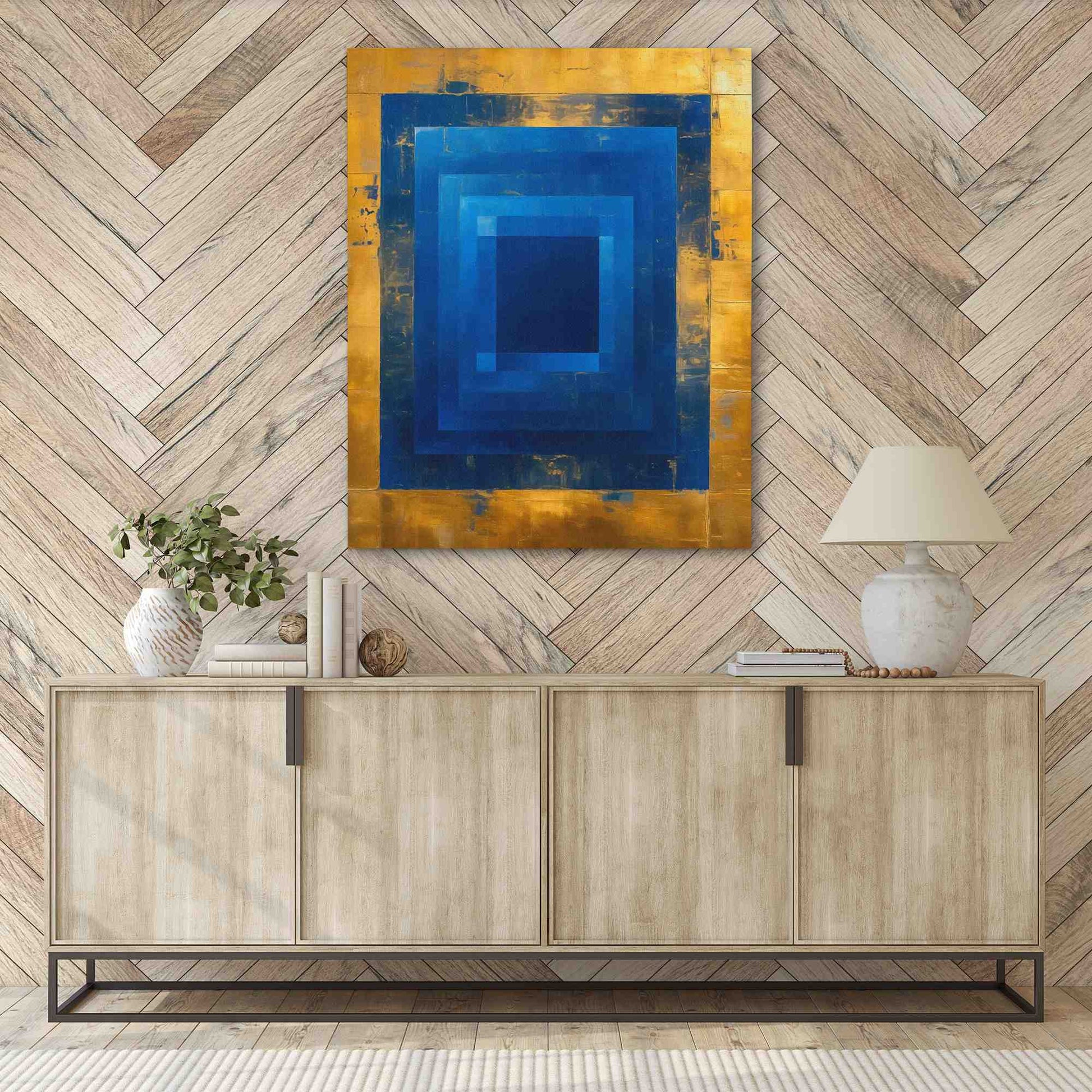 Golden Blue Maze - Abstract Wall Art in Black Frame