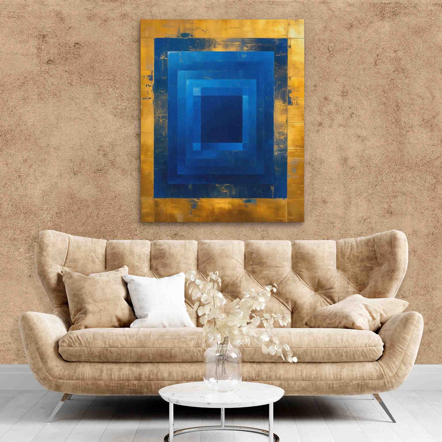 Golden Blue Maze - Geometric Gold Canvas Wall Art