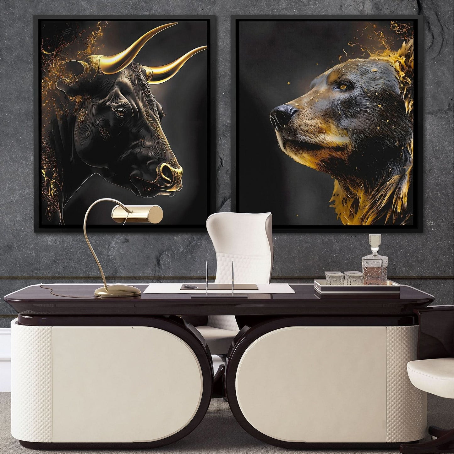 Golden Bull and Bear - Wall Art in Black Frame