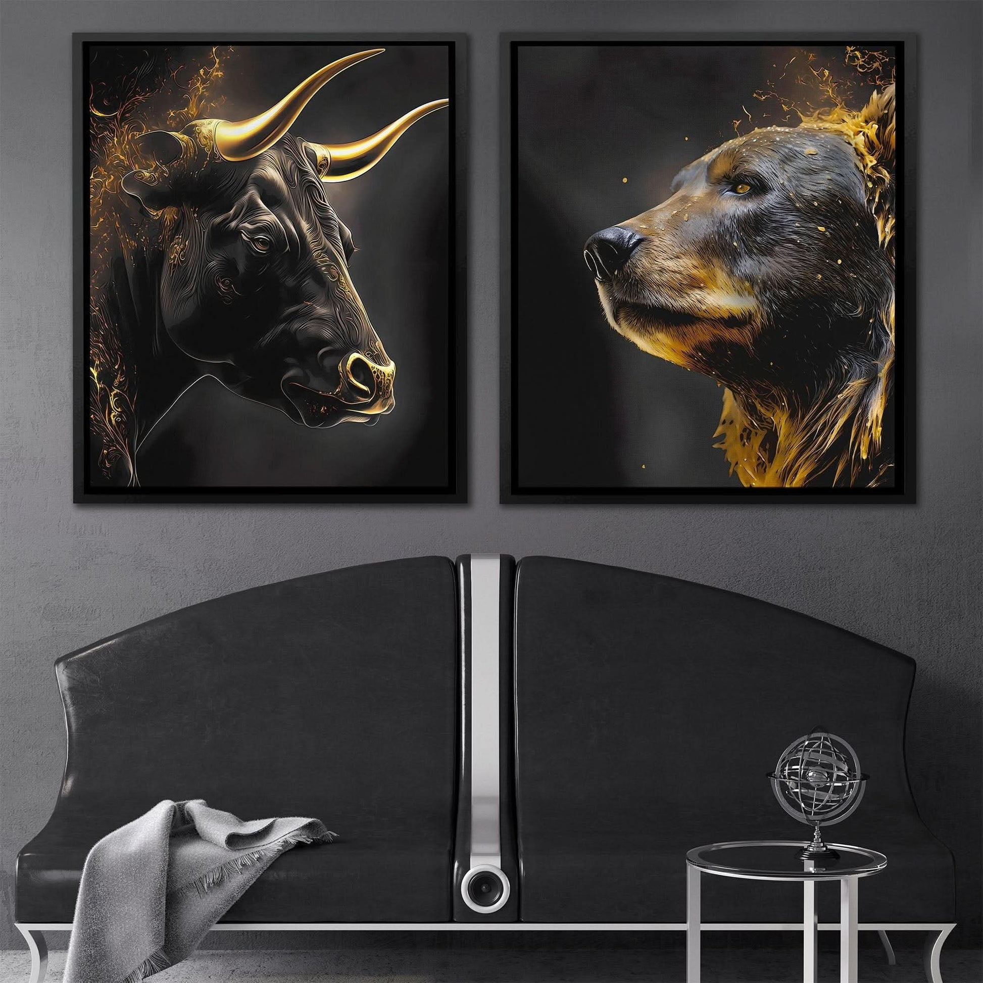 Golden Bull and Bear - Bull Wall Art in Black Frame