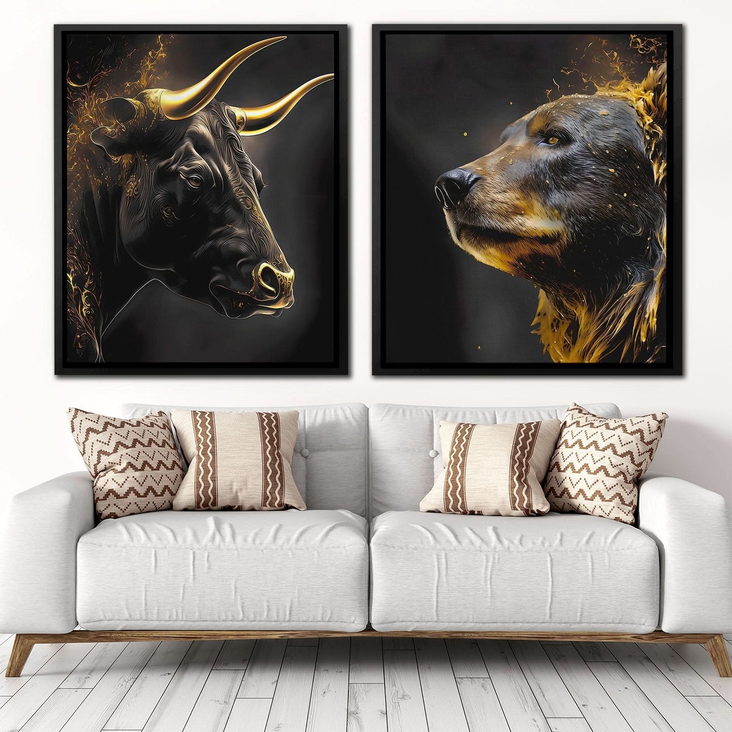 Golden Bull and Bear - Animals Canvas Wall Art