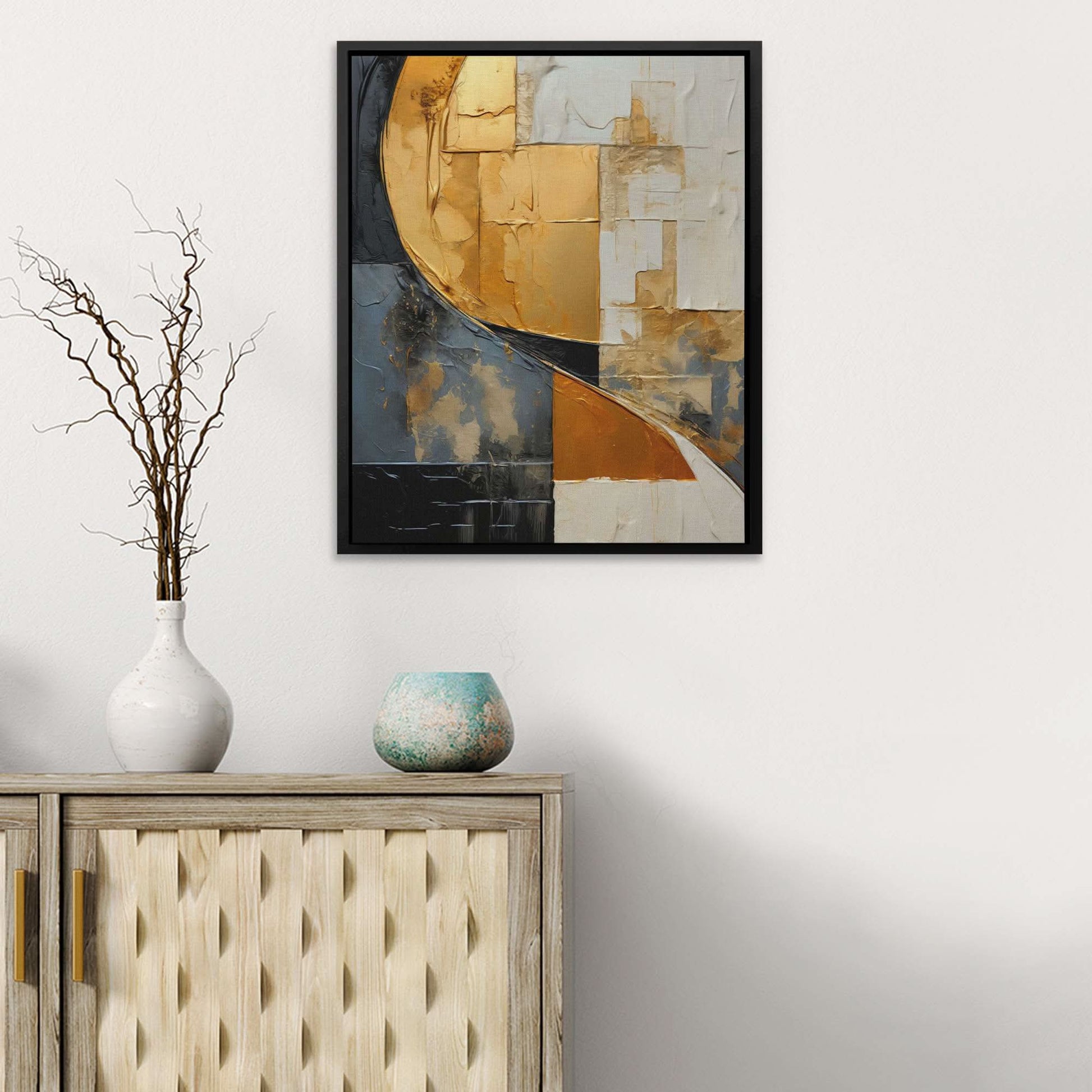Golden Cascade - Abstract Wall Art in Black Frame