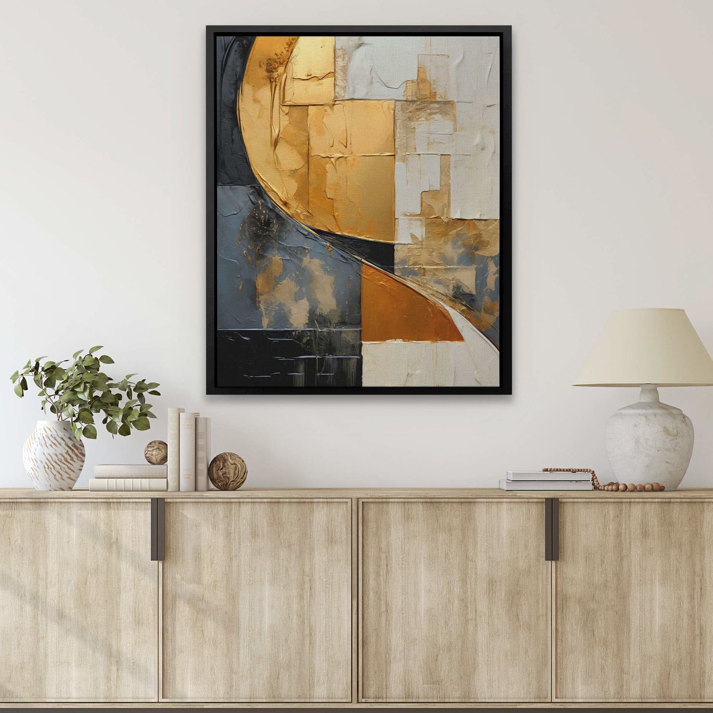 Golden Cascade - Vertical Wall Art in Black Frame