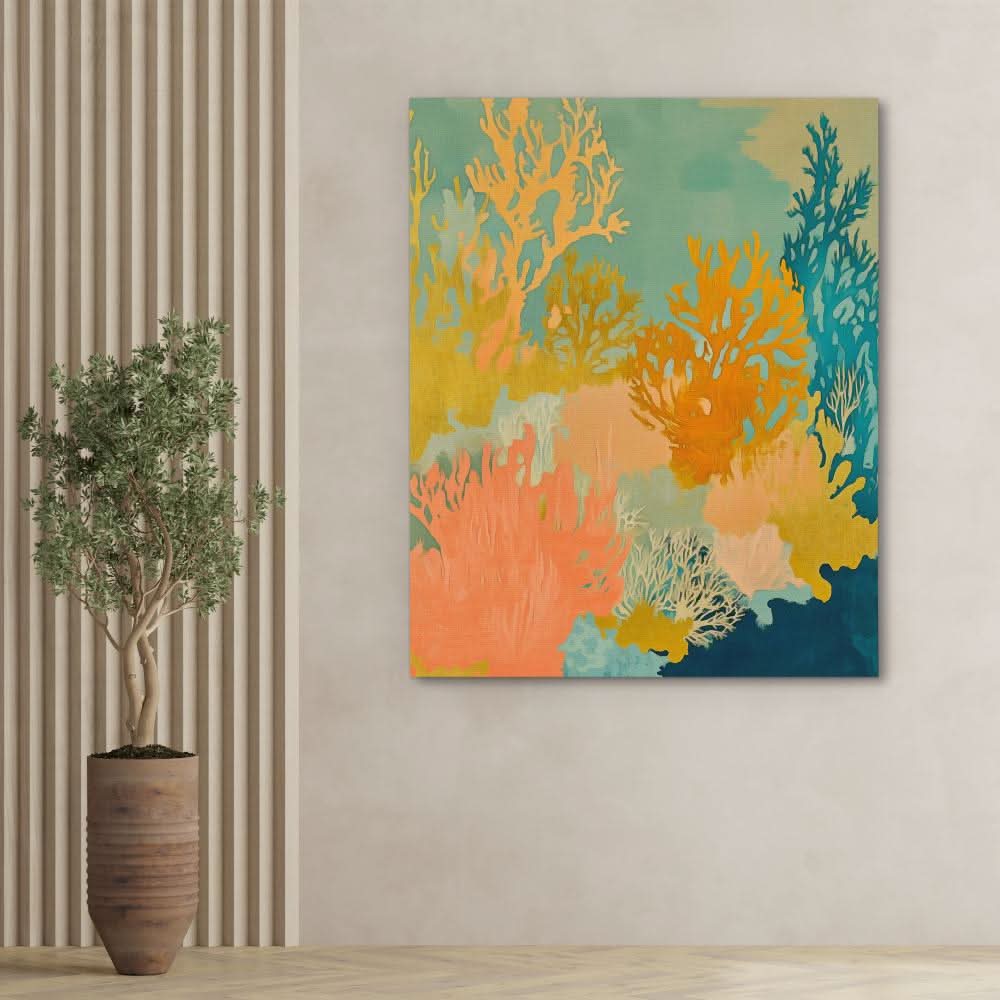 Golden Coral Bloom - Earth Tones Wall Art for Kitchen