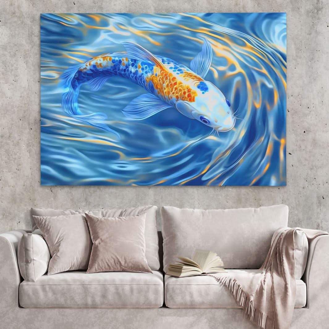 Golden Crest Koi - Blue Wall Art for Meditation Room