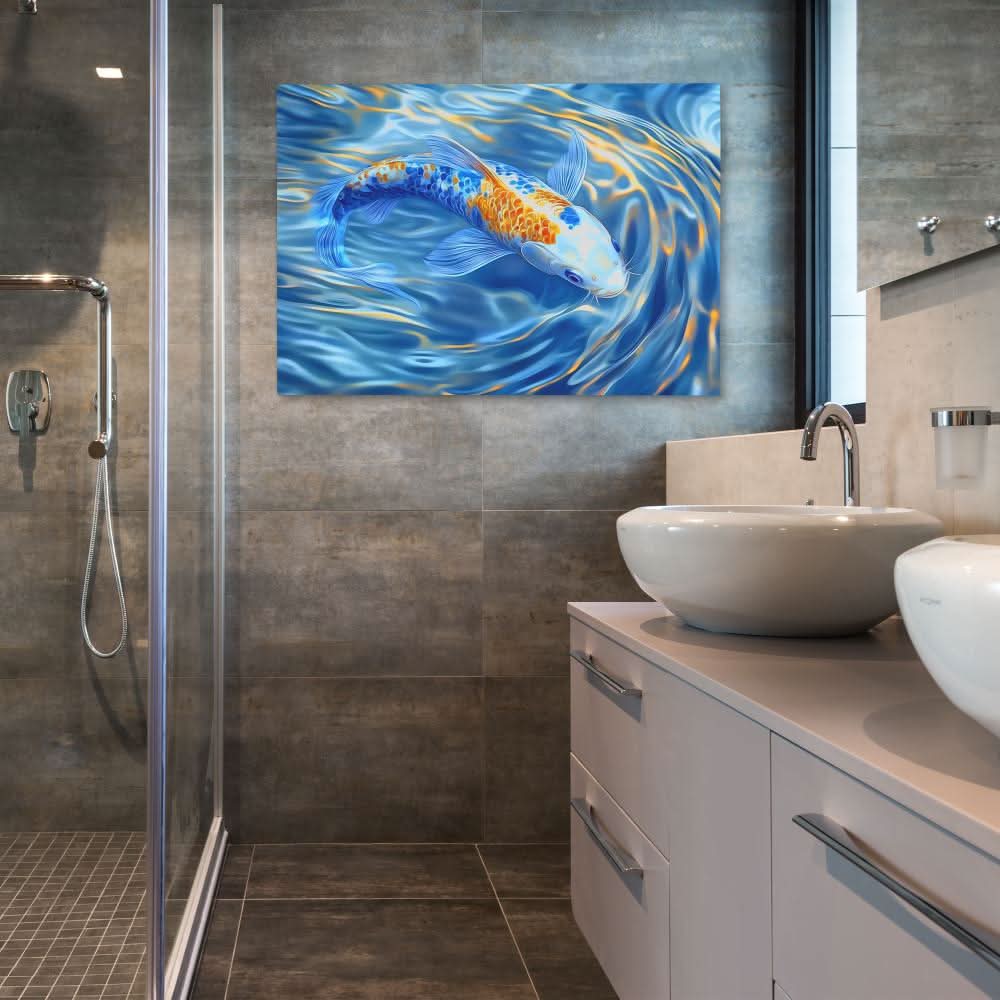Golden Crest Koi - Blue Canvas Wall Art