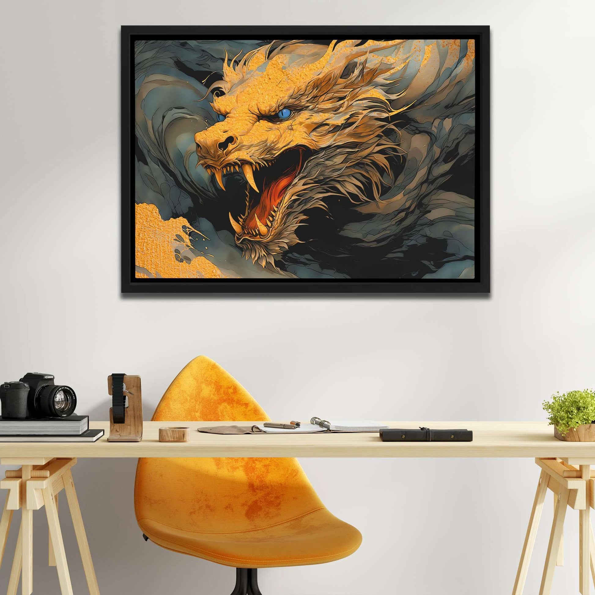 Golden Dragon - Dragon Wall Art in Black Frame