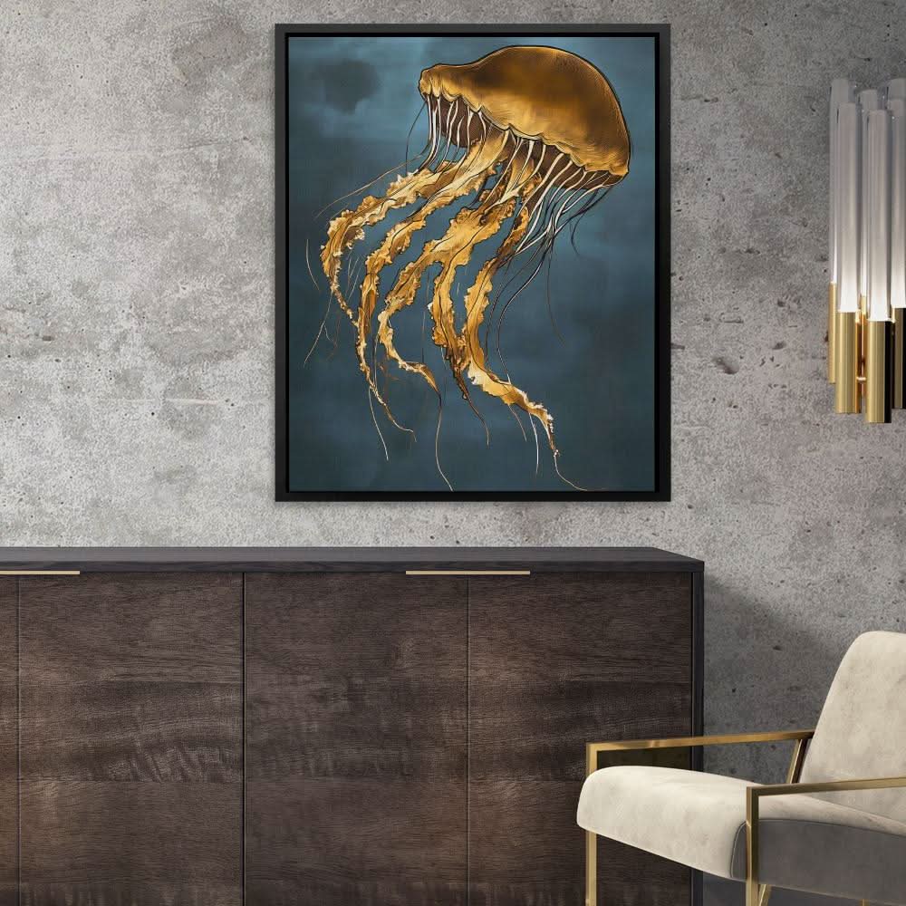 Golden Drift Jellyfish - Coastal Art for Bathroom