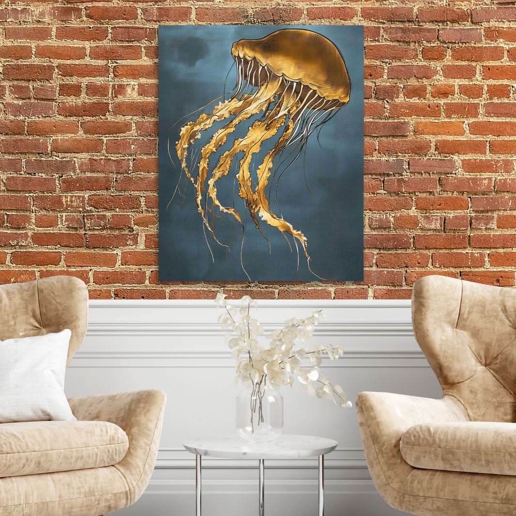 Golden Drift Jellyfish - Dark Academia Wall Art in Black Frame