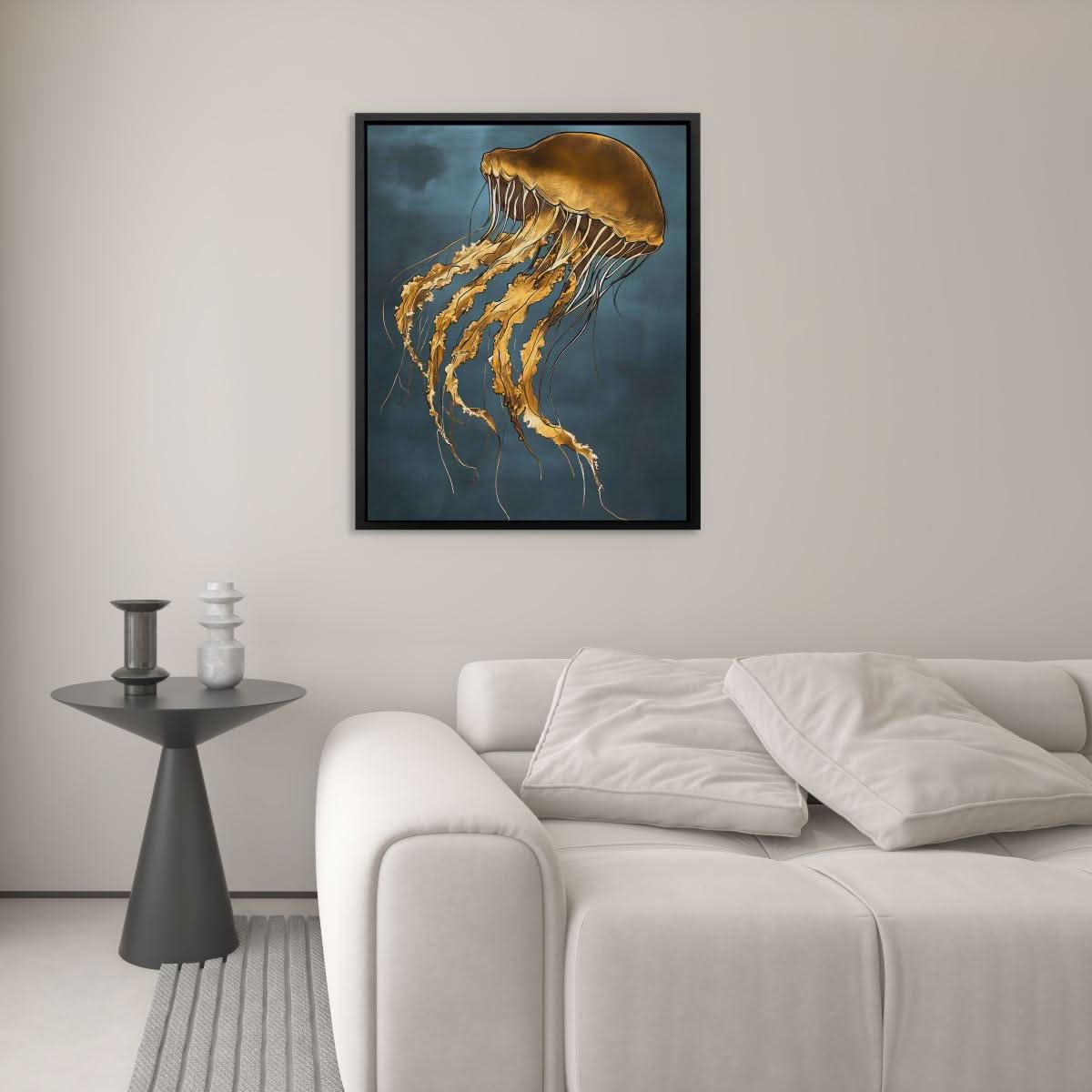 Golden Drift Jellyfish - Gold Canvas Wall Art