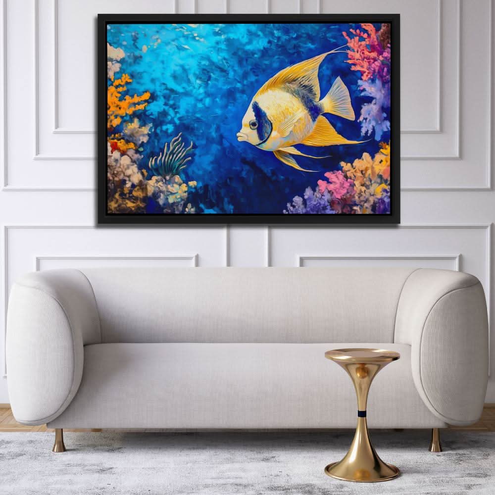 Golden Echoes of the Deep - Coastal Wall Art in Black Frame