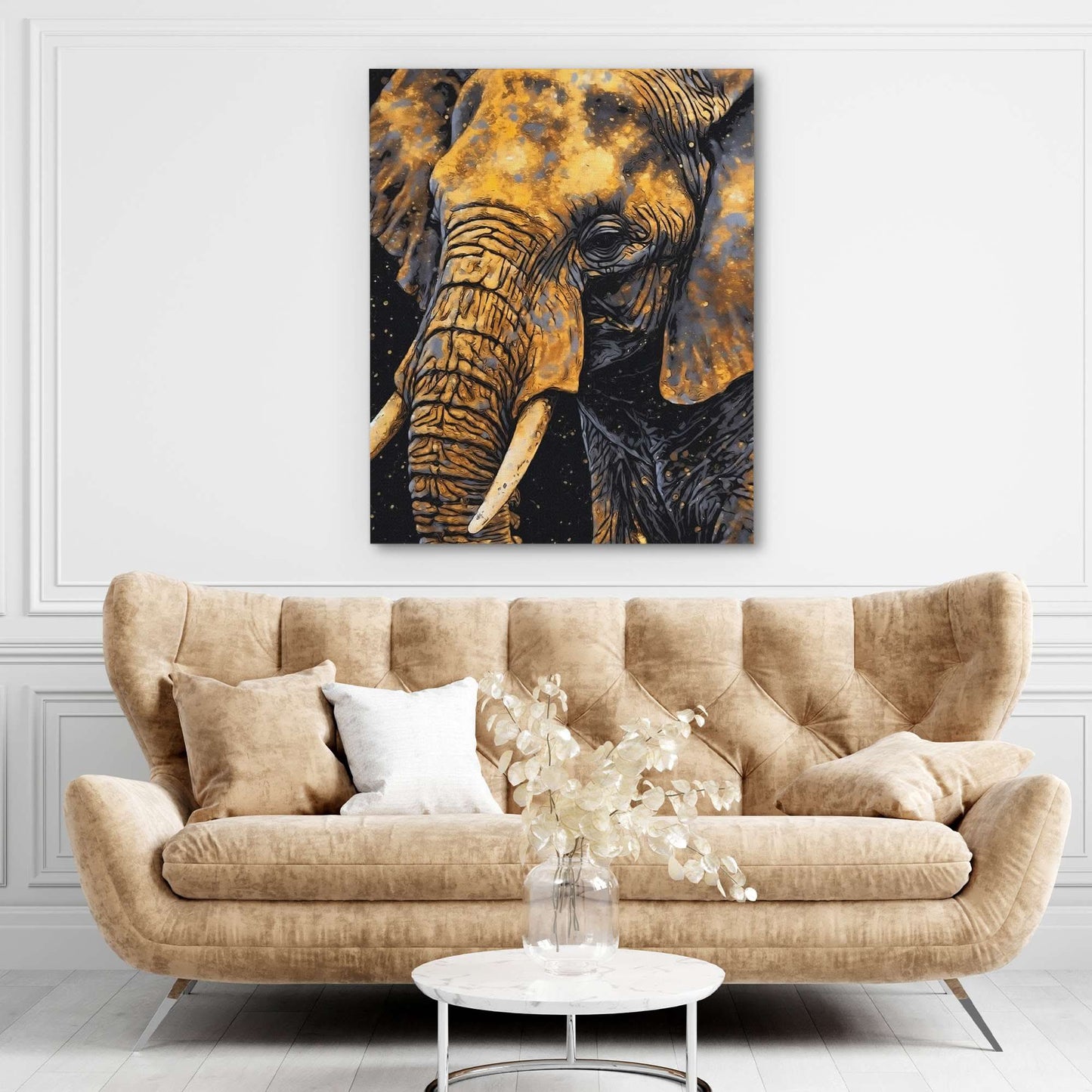 Golden Elephant - Black Canvas Wall Art
