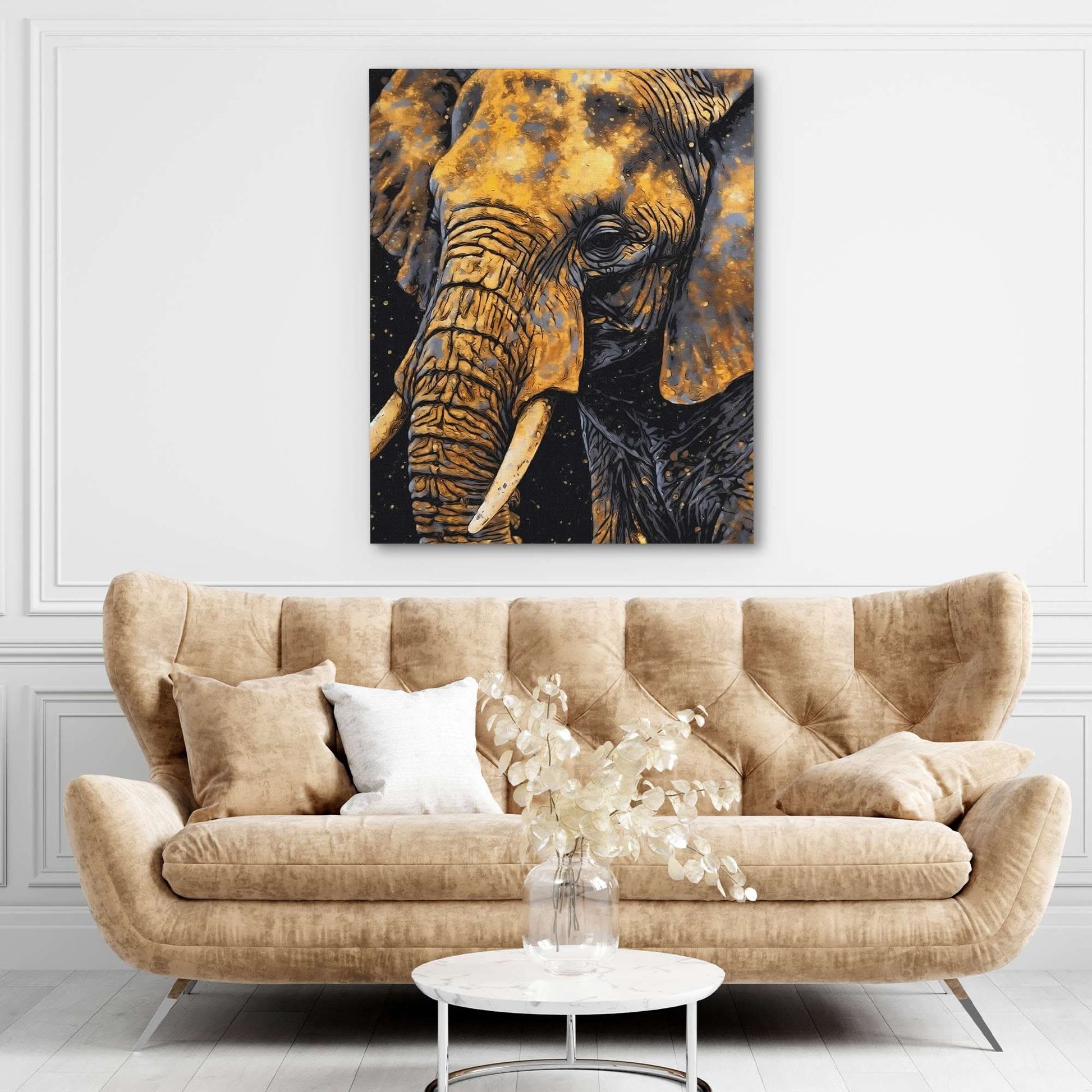 Golden Elephant - Black Canvas Wall Art
