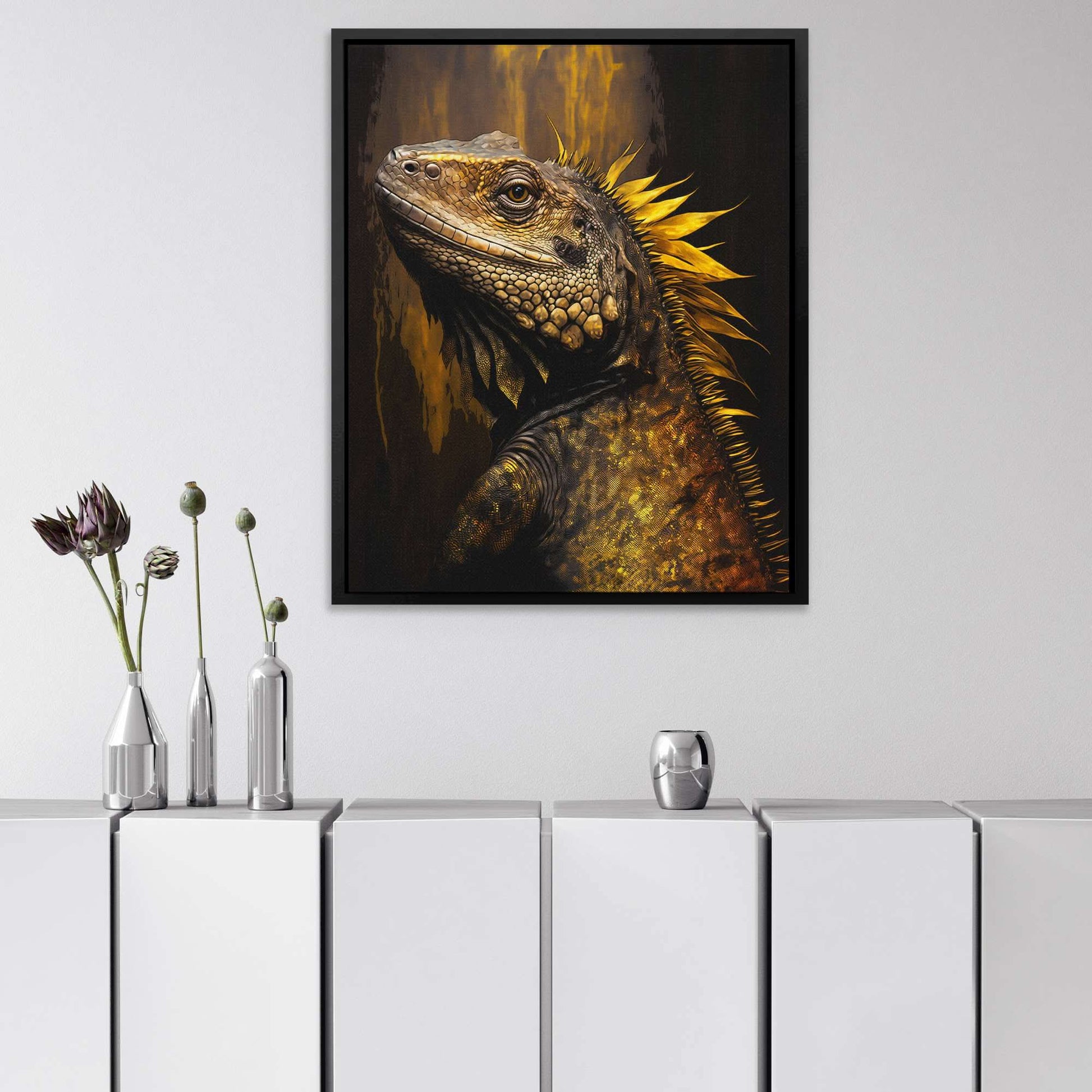 Golden Iguana - Iguana Wall Art in Black Frame