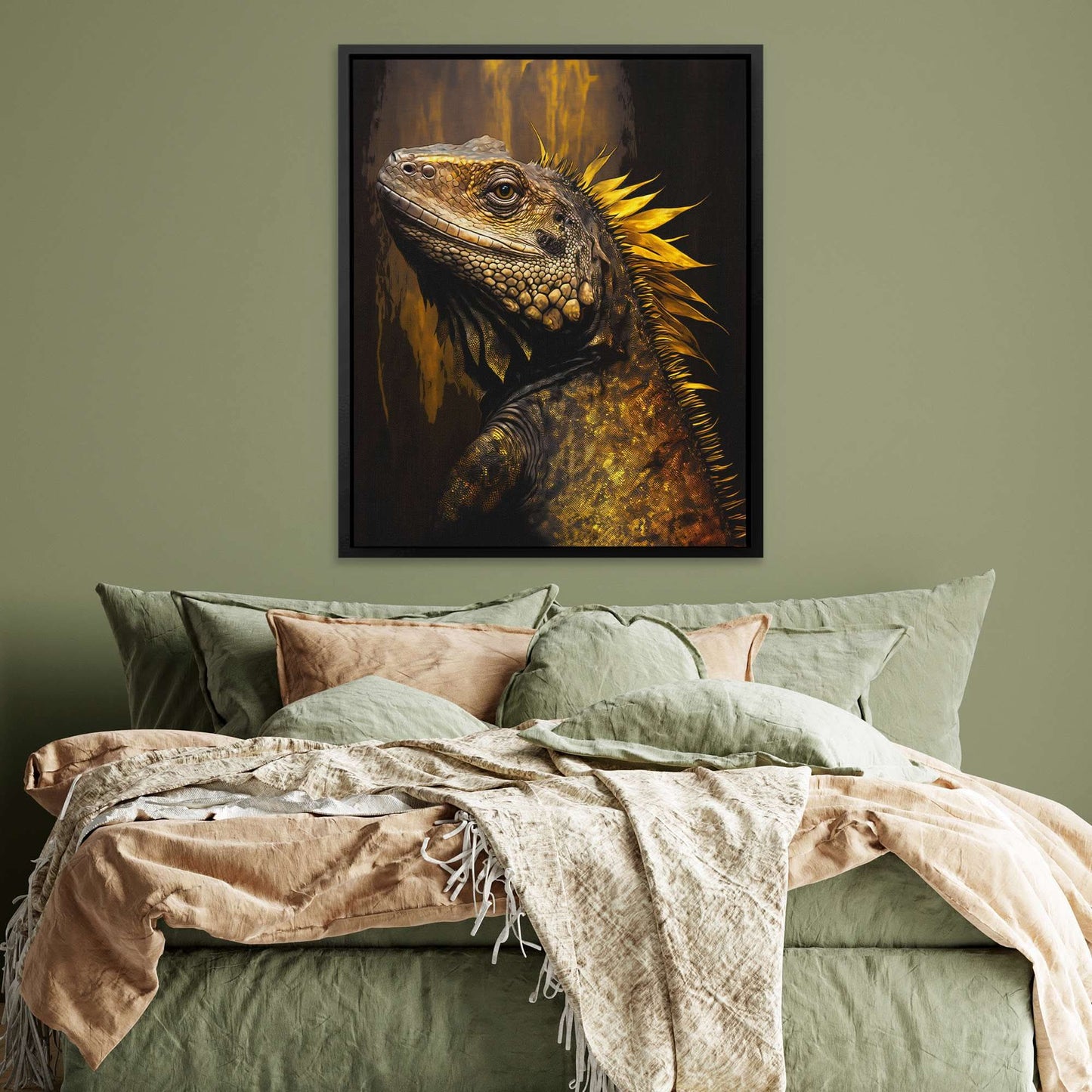 Golden Iguana - Black Canvas Wall Art