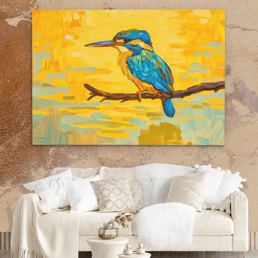Golden Kingfisher - Blue and Gold Wall Art in Black Frame