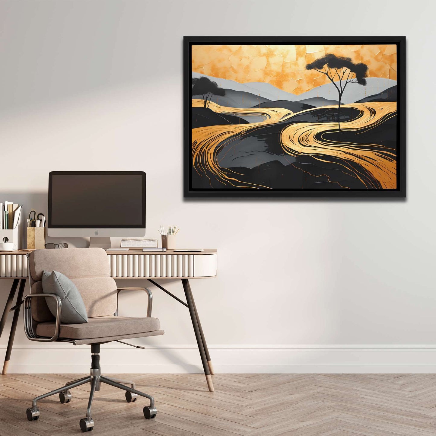 Golden Pathways - Wall Art in Black Frame