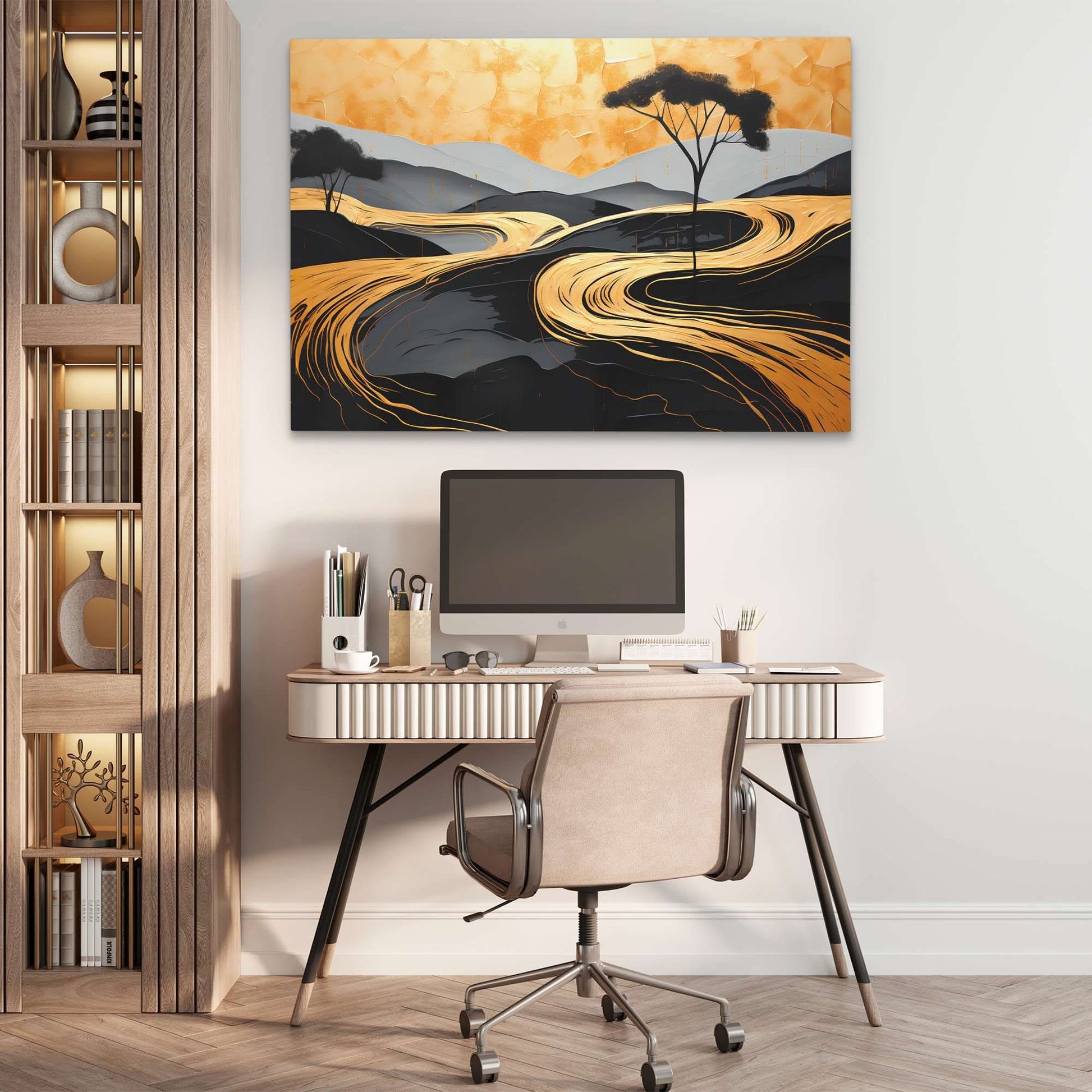 Golden Pathways - Black and Gold Canvas Wall Art