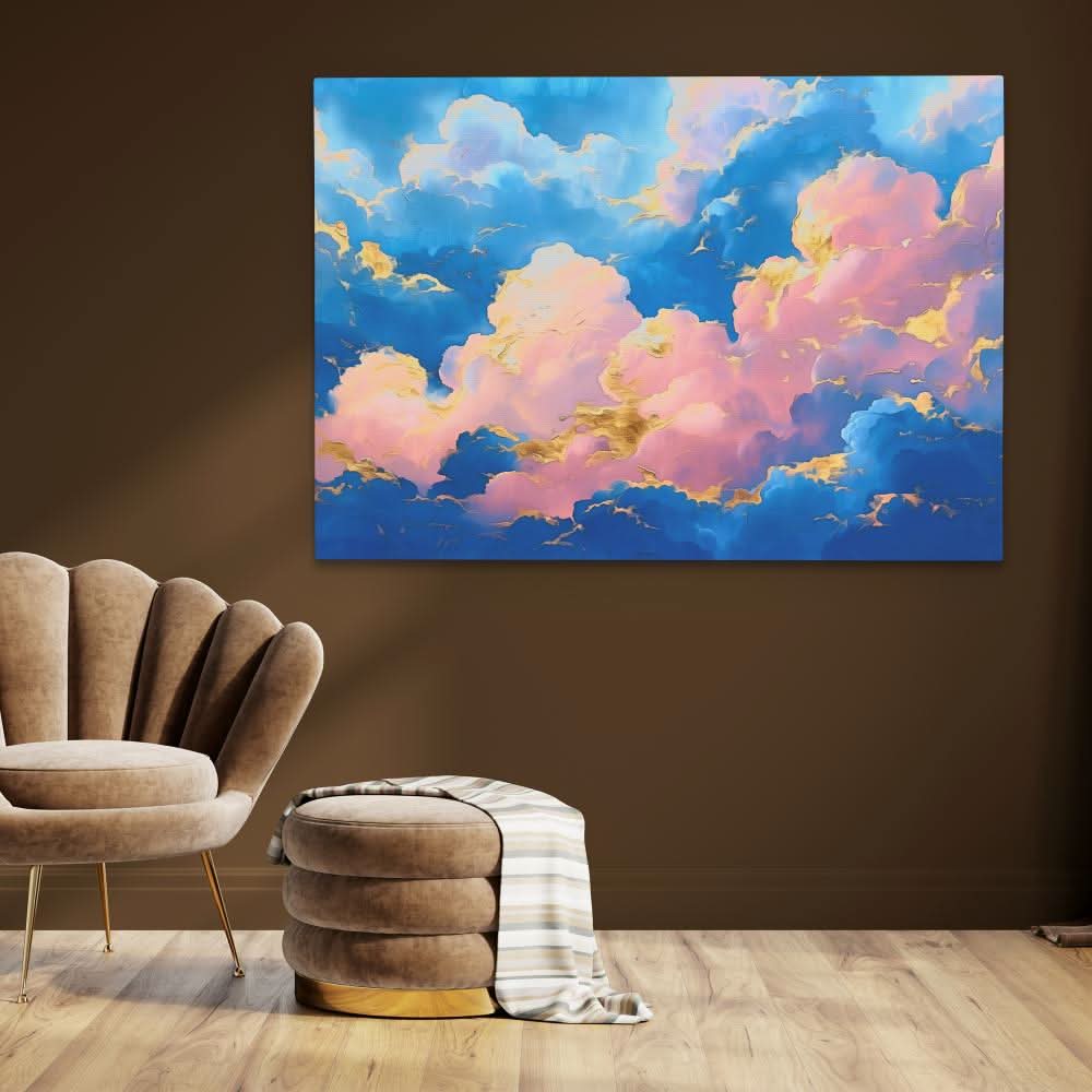Golden Pink Clouds - Modern Blue Canvas Wall Art