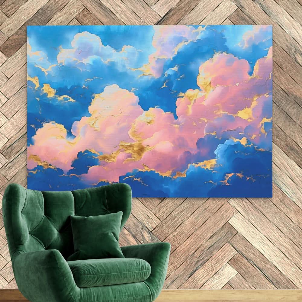 Golden Pink Clouds - Dreamy Wall Art in Black Frame