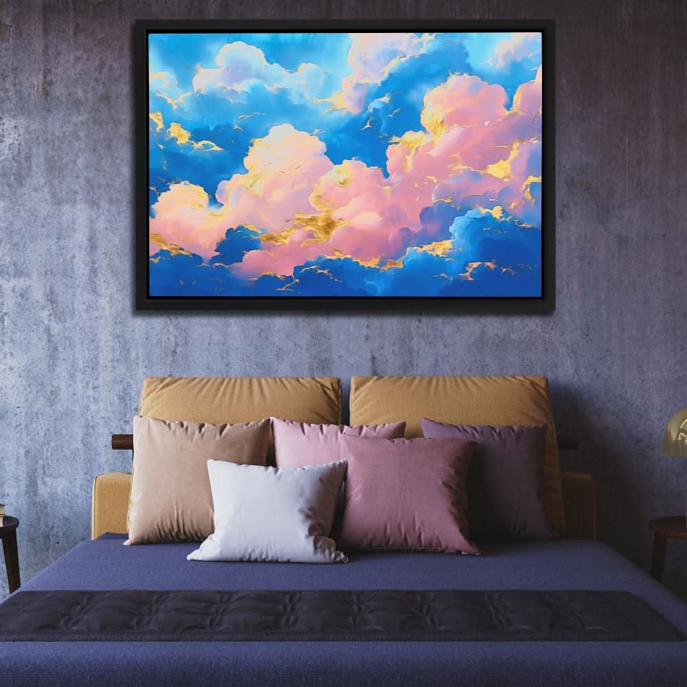 Golden Pink Clouds - Modern Wall Art in Black Frame