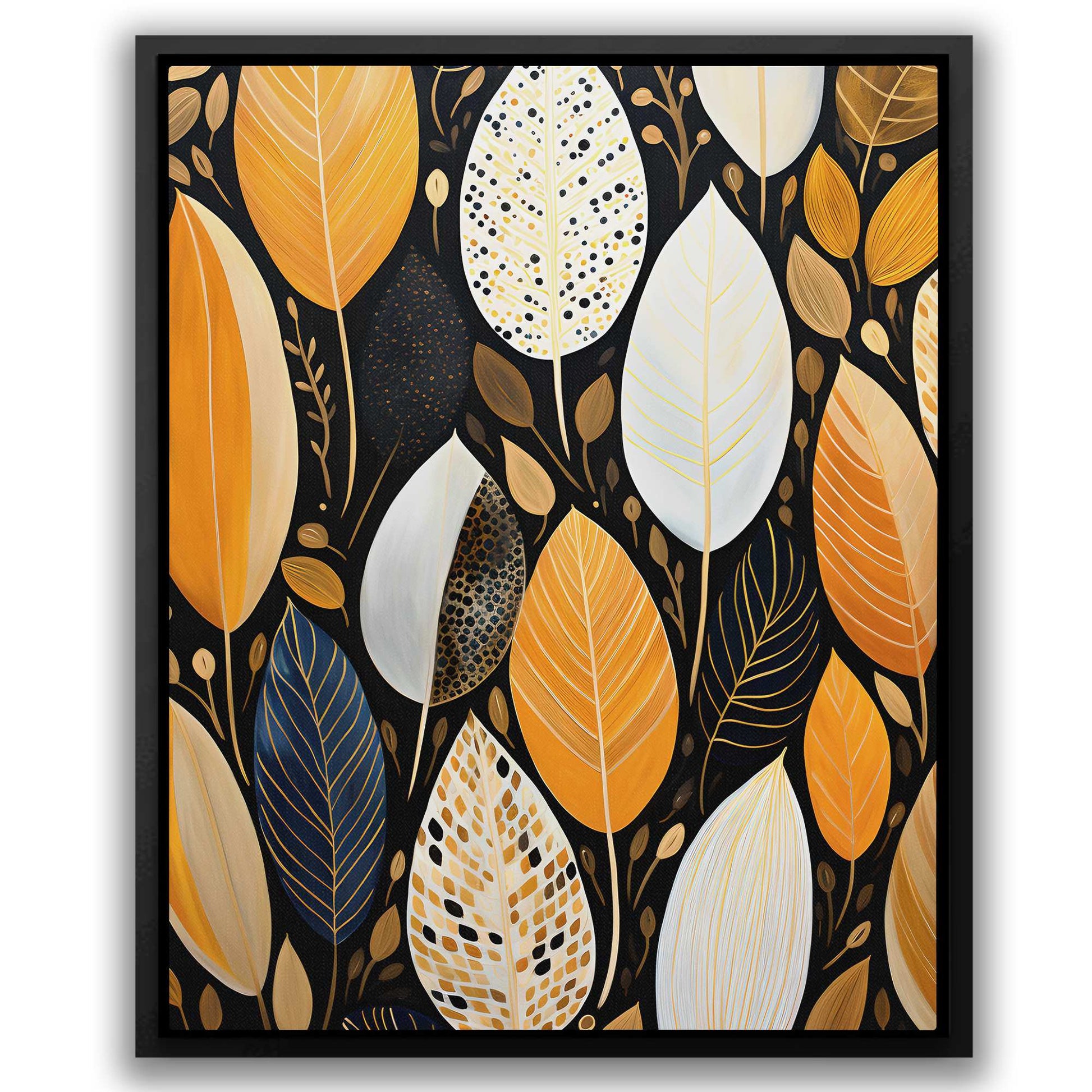 Golden Plumage - Feathers Wall Art in Black Frame