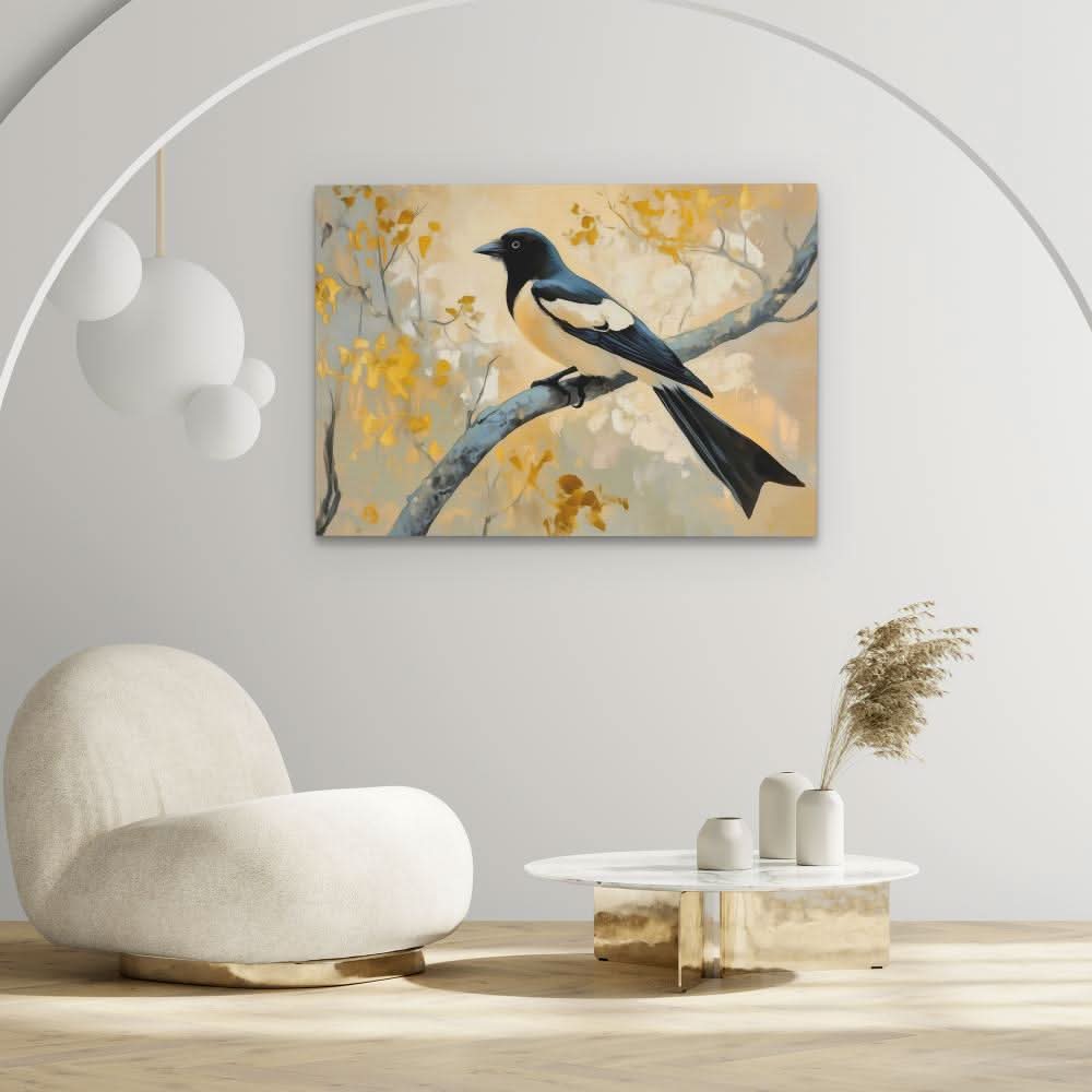 Golden Sky Magpie - Wall Art in Black Frame