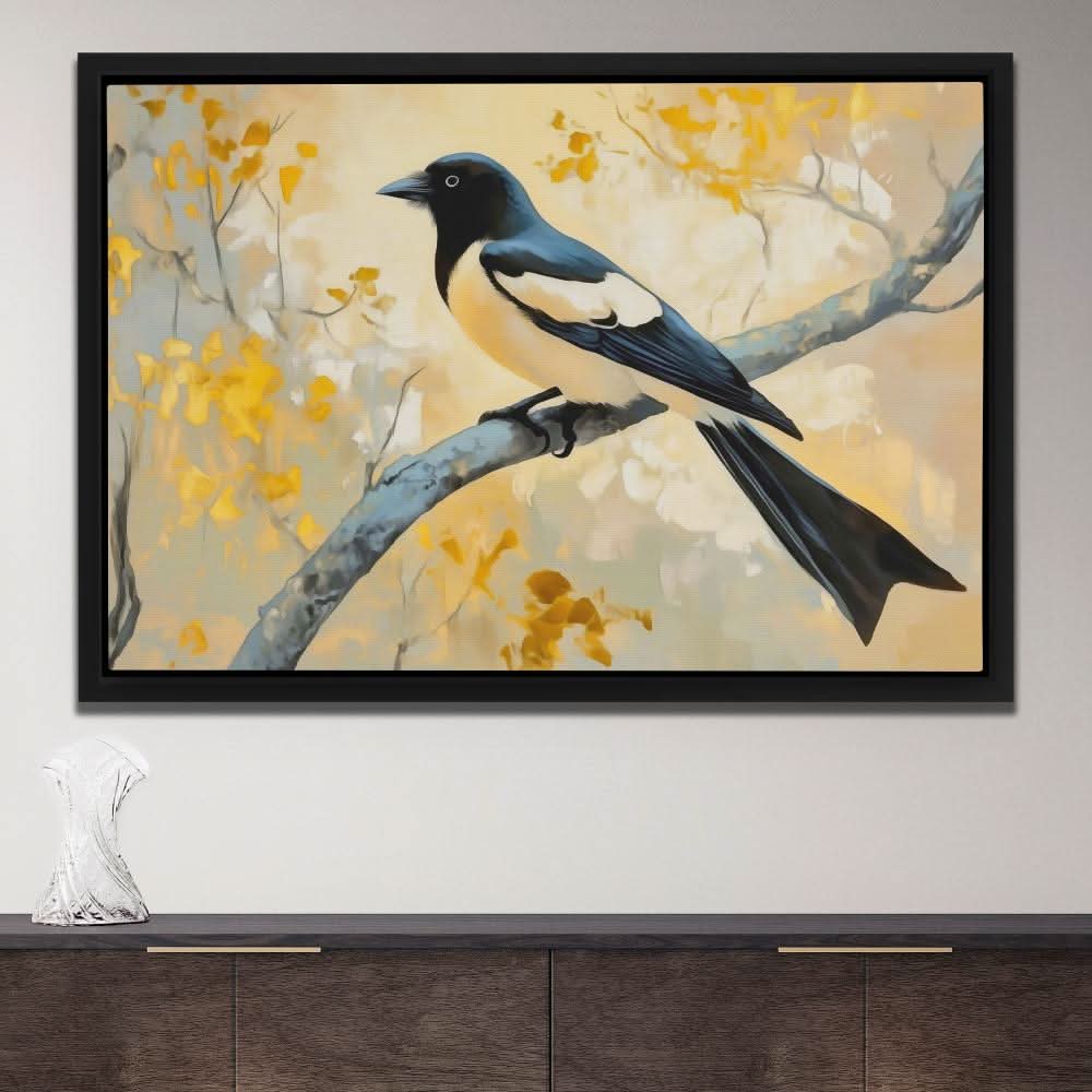 Golden Sky Magpie - Beige Canvas Wall Art