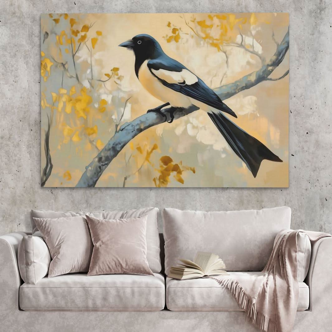 Golden Sky Magpie - Black and White Wall Art in Black Frame
