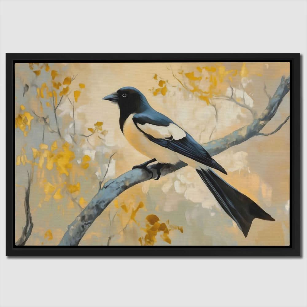 Golden Sky Magpie - Beige Black and White Canvas Print