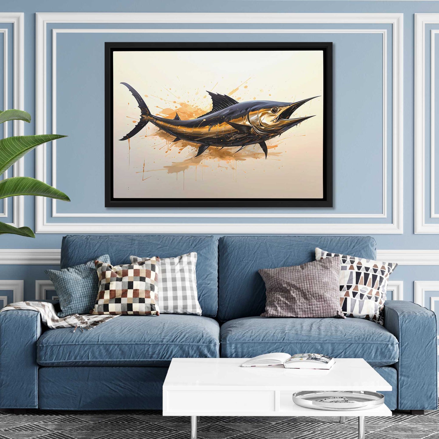 Golden Swordfish - Oceanic Wall Art in Black Frame