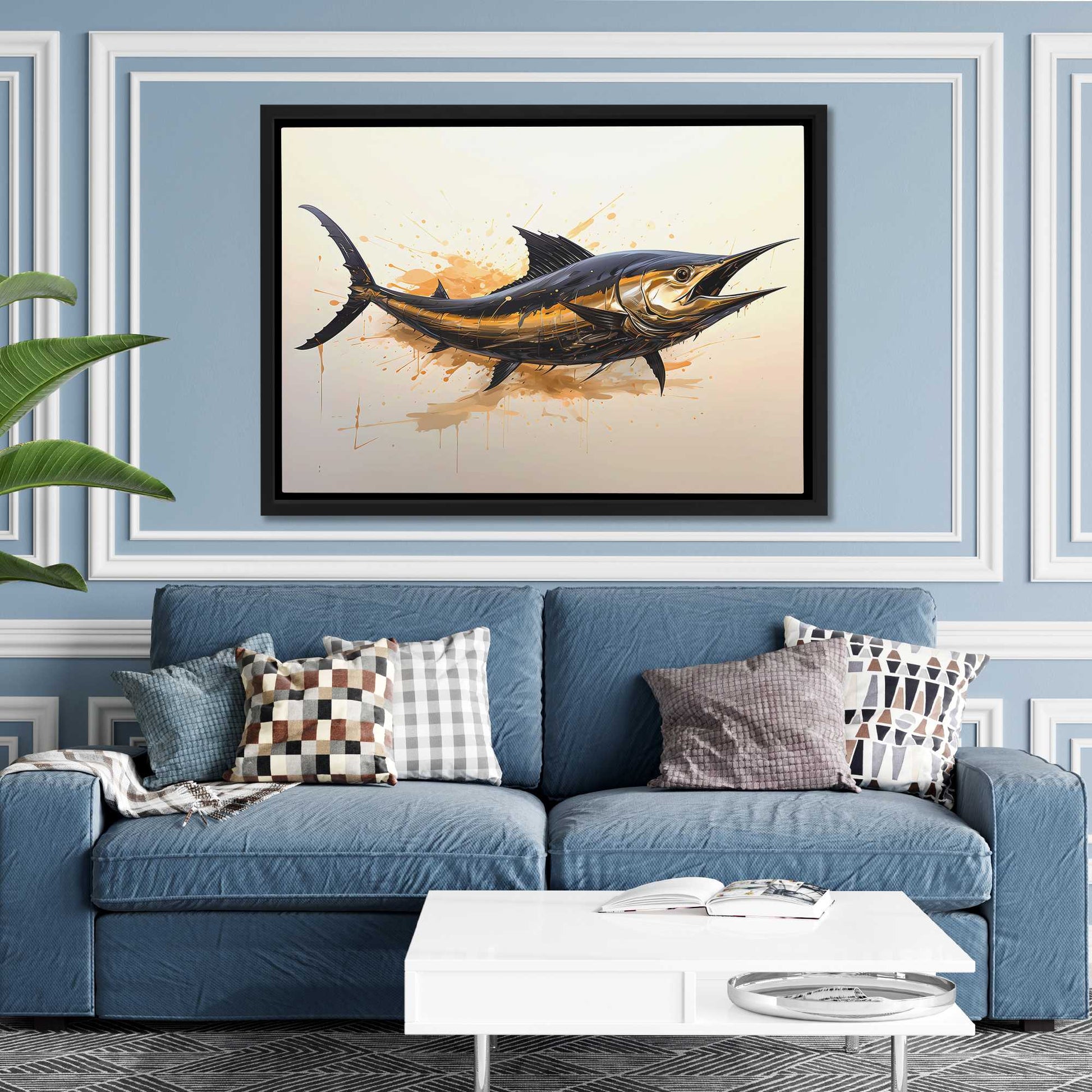 Golden Swordfish - Oceanic Wall Art in Black Frame