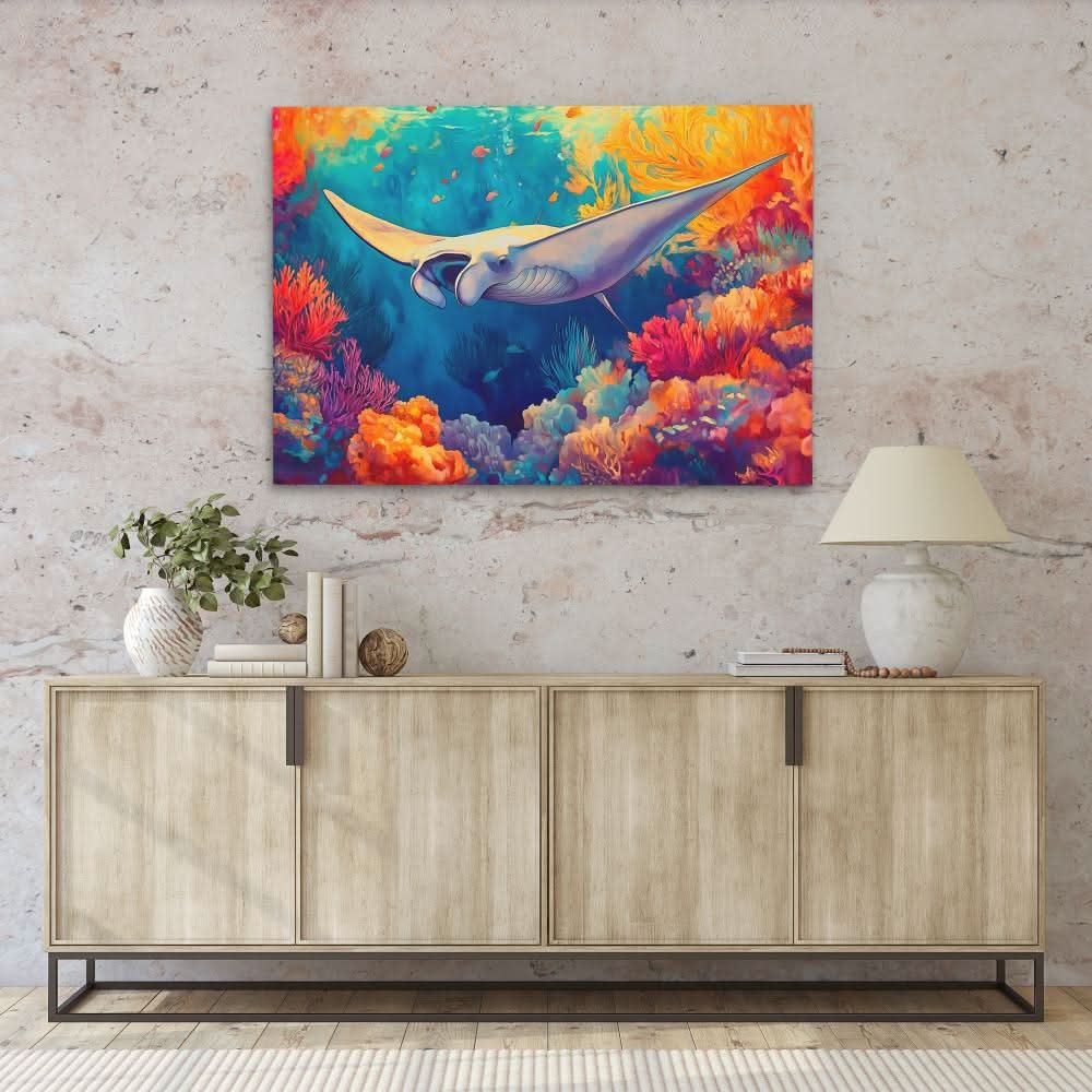 Golden Tide Manta Ray - Blue Canvas Wall Art